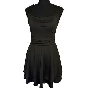 Women's Black Square Neck Ruffled Hem Ruched Waist Mini Stretch Dress Medium